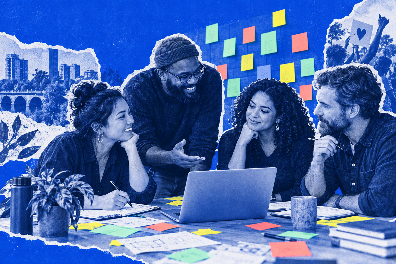 Community changemakers collaborating around a laptop and sticky notes
